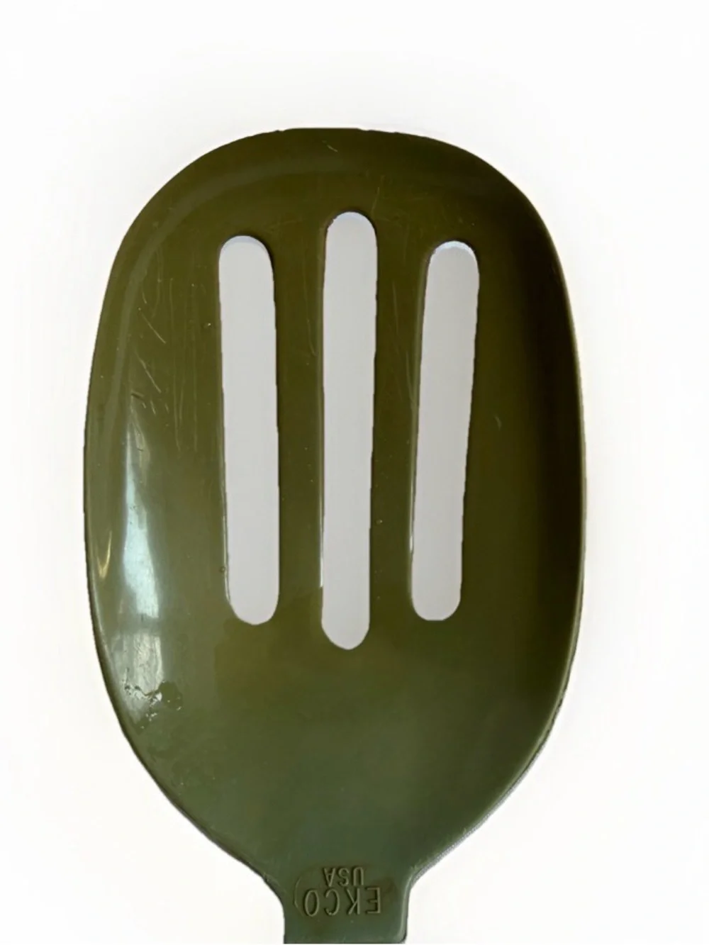 Vintage EKCO Slotted Serving Spoon Olive Green Nylon Blue Plastic Handle USA 70s